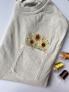 Embroidered field of sunflowers pocket Tshirt